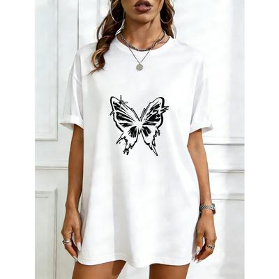 Übergroßes T-Shirt-Kleid Schwarzer Schmetterlingsdruck Lässige Alltagskleidung