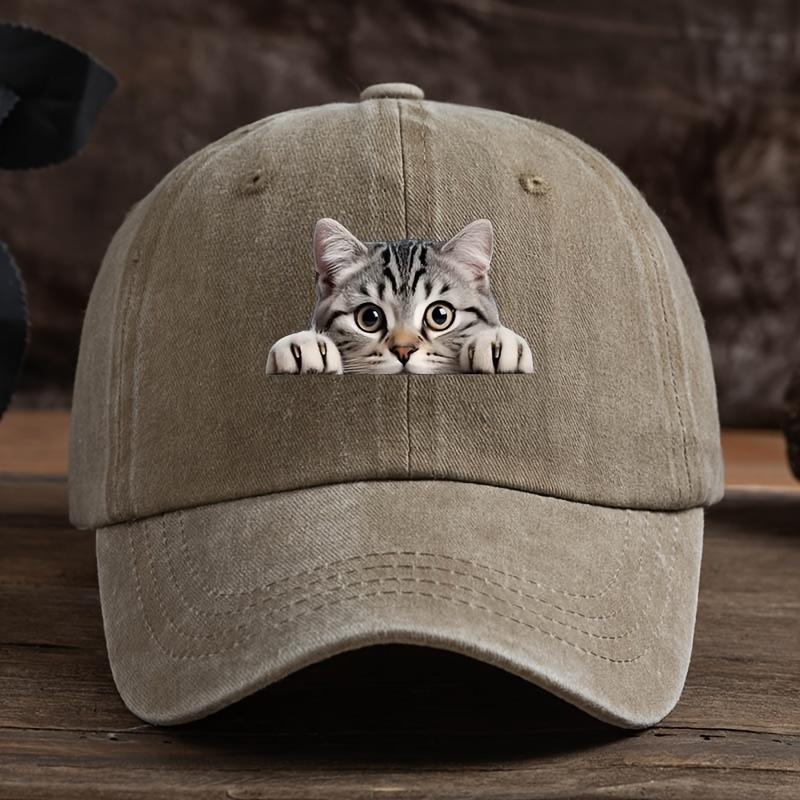 Adjustable Retro Washed Baseball Cap Strap with Cute Cat Print Curved Brim for Sun Protection for Outdoor Travel