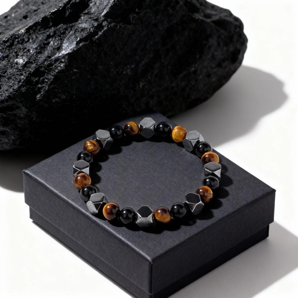Festive Gifts Tiger Eye Black Onyx And Hematite Hexagonal Beaded Bracelet Bold Fashion Jewelry For Men Daily Wear Simple Versatile Accessory