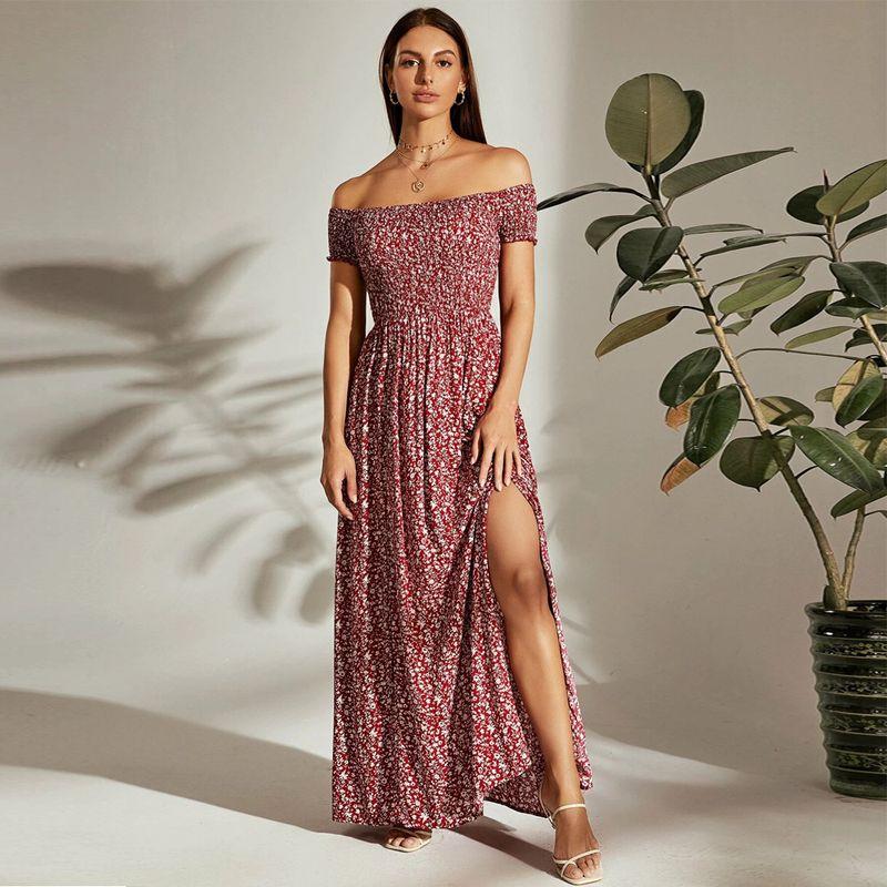 

2022 Split One-shoulder Floral Dress Temperament Long Skirt Red S