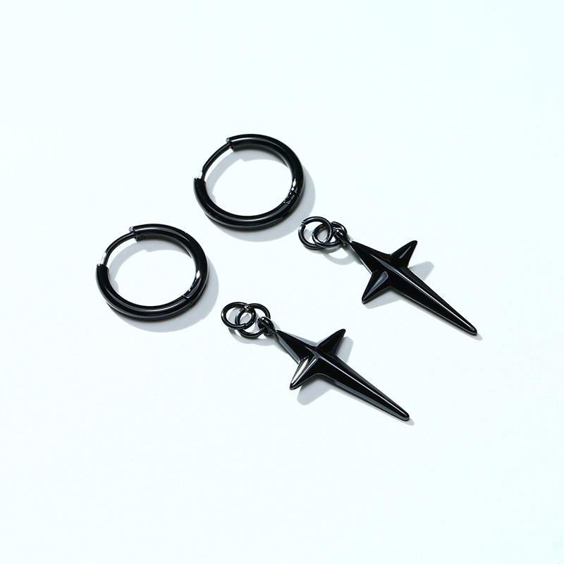Stainless Steel Four Pointed North Star Huggie Hoops Earrings for Men Piercing or No Piercing Cross Jewelry Gift for Her Him