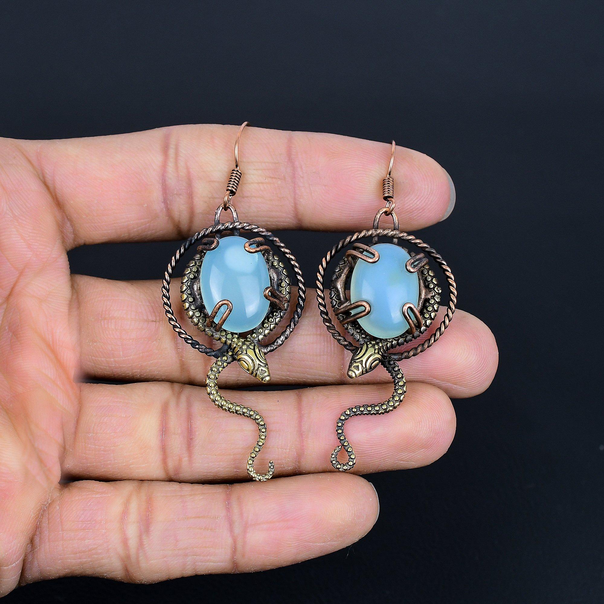 

Серьги из голубого халцедона, обернутые медной проволокой 999 пробы, Ювелирные изделия с драгоценными камнями ручной работы, Подарки для жены, Совершенно новые серьги 2.75 Inches