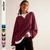 Women's Color Block Ribbed Cuff Long Sleeve Oversized Drop Shoulder Crew Neck Sweatshirt Casual Streetwear Top
