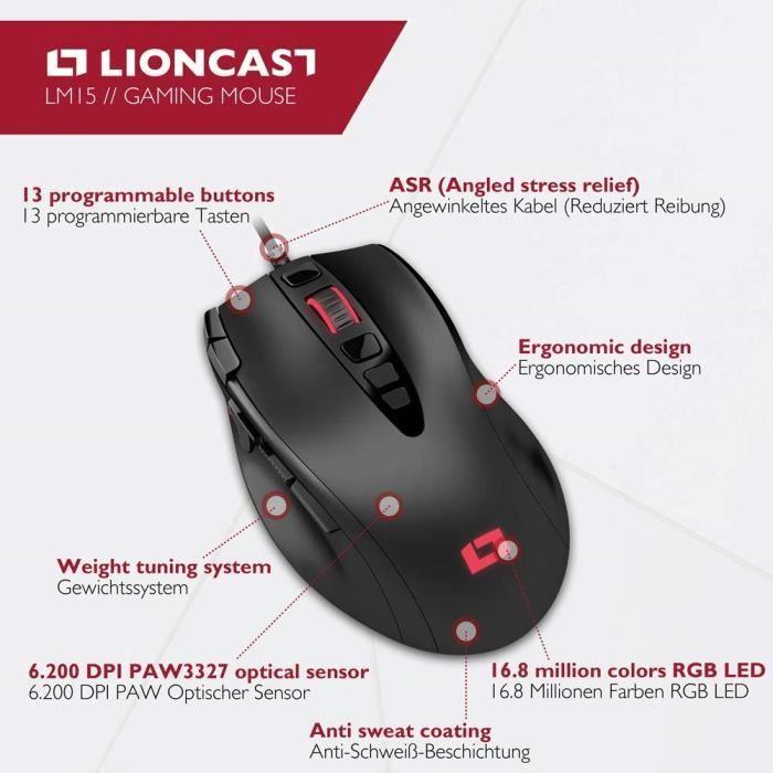 Souris de gaming - lioncast - lm15 - 13 touches programmables - éclairage à del rvb - 6200 dpi