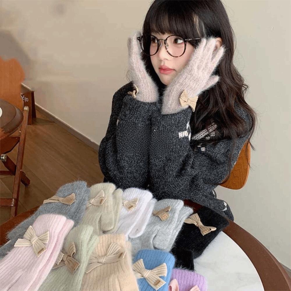 Verdickte Plüschhandschuhe Kaninchenhaar Baumwollfäustlinge Niedliche Vollfingerhandschuhe Frauen