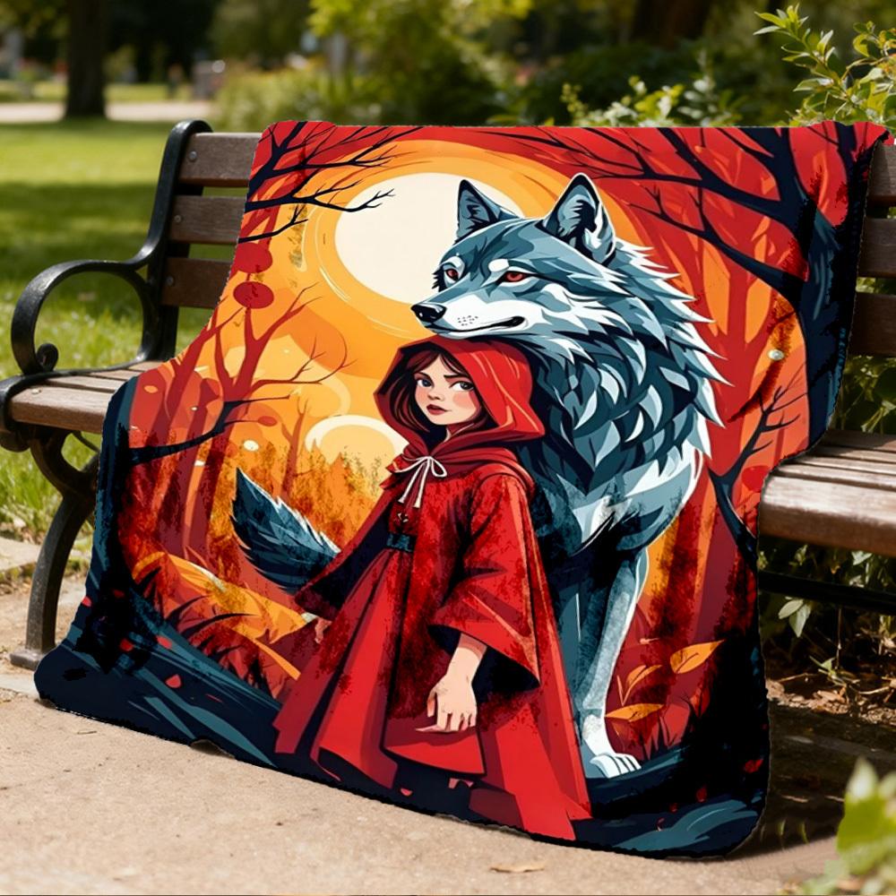 1pc Wolf Red Riding Hood Throw Blanket Polyester Fiber, Lightweight Flannel, Soft & Warm, All Season Use for Outdoor, Camping Digital Print