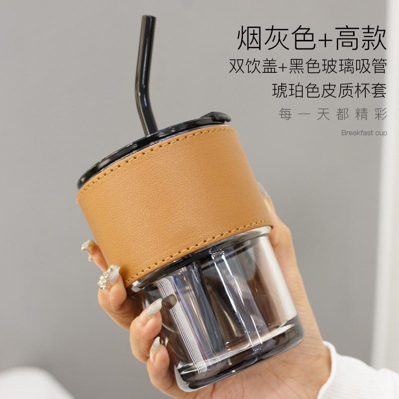 Bamboo Cup Creative Transparent Glass Straw Cup Portable Feng Shui Cup With Lid Milk Coffee Cup