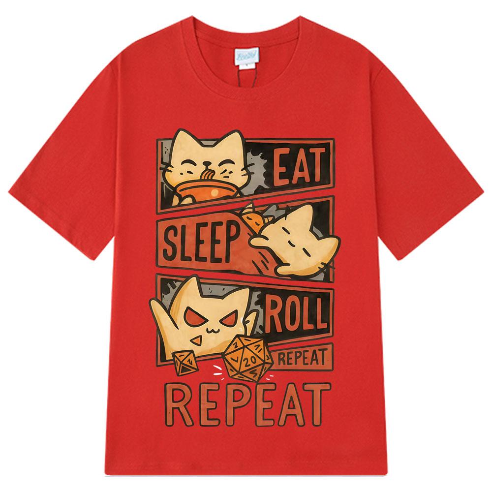 2026 Summer Cotton Tee Eat Sleep Roll Repeat Cat Graphic Unisex WOMEN Plus Size Loose Casual Hip Hop Streetwear Breathable Top