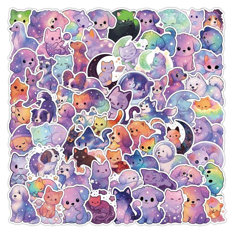 50/100 Pack Cartoon Cat Dog Starry Night Stickers Waterproof Doodle Decals for Kids DIY Craft Laptop Luggage Water Bottle