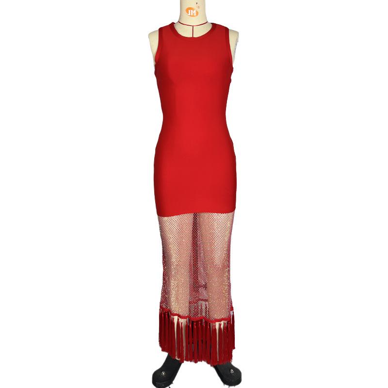 Women's French Vacation Style Tassel Hem Mesh Diamond Bandage Dress