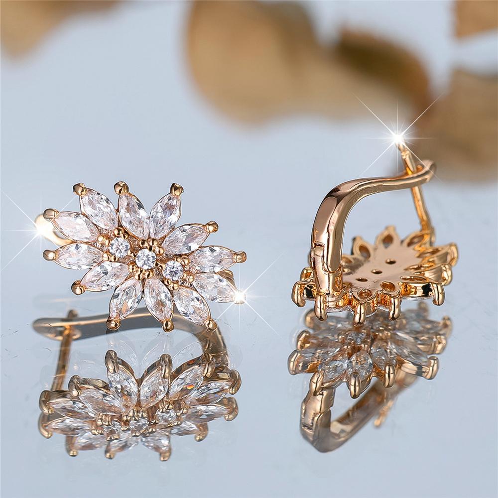 1 Pairs Fashion White Zircon Flowers Hoop Earrings Luxury Golden Color Wedding Jewelry Gifts