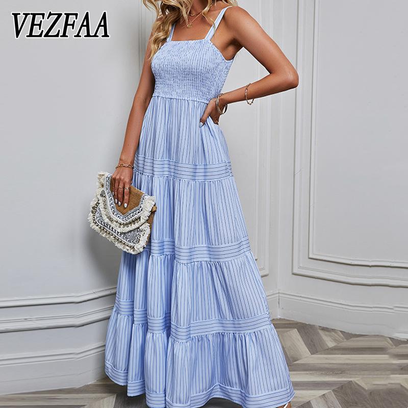 

VEZFAA женские модные летние повседневные платья без рукавов с подтяжками и высокой талией в полоску