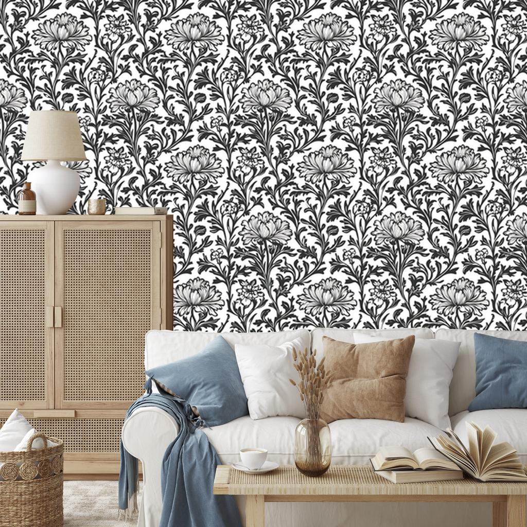 Wallpaper Black and White Flowers Gray for Living Room and Bedroom 50x1000
