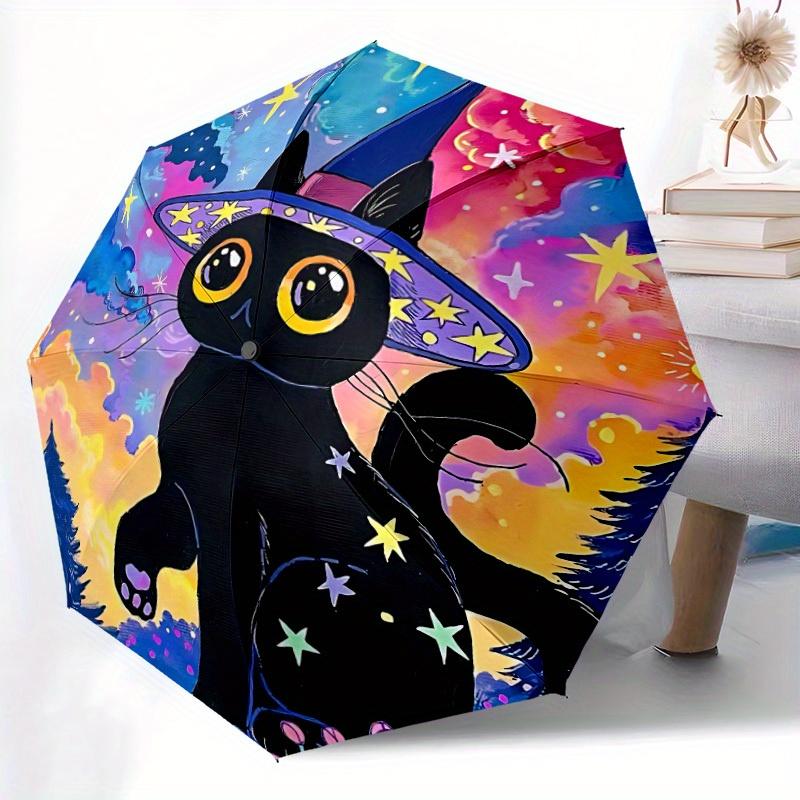 1pc Witch Cat Automatic Open/close Umbrella, 8-Rib sturdy structure, Portable Travel Umbrella, Parties, Everyday Use, Outdoor Accessory, Art