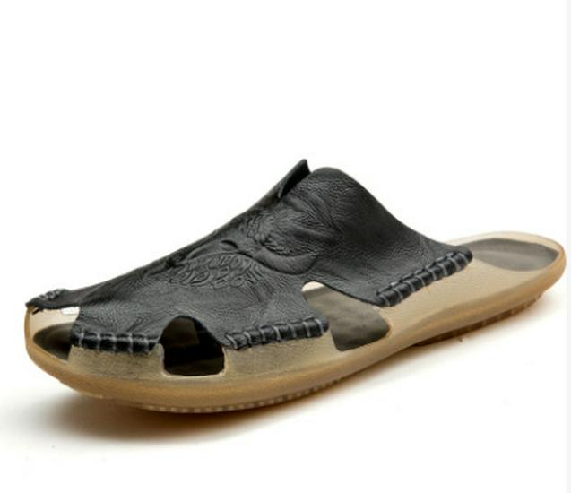 Plus Size Men's Breathable Leather Closed-Toe Sandals - Lightweight One-Strap Casual Beach Shoes