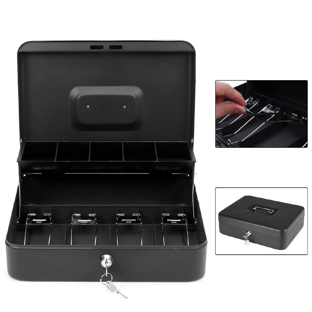 Metal Piggy Bank Key Lock Petty Coin Cash Money Box Pot Lockable Cash Box Deposit Security Cashier Drawer Storage Black 1 PC
