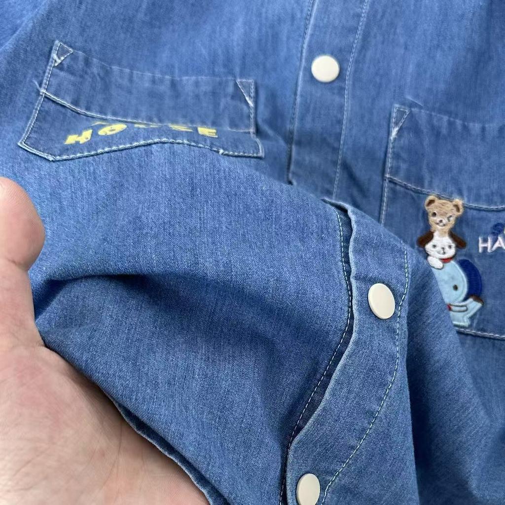 2026 Boys' Cartoon Embroidered Denim Short-Sleeve Shirt - Summer New Arrival