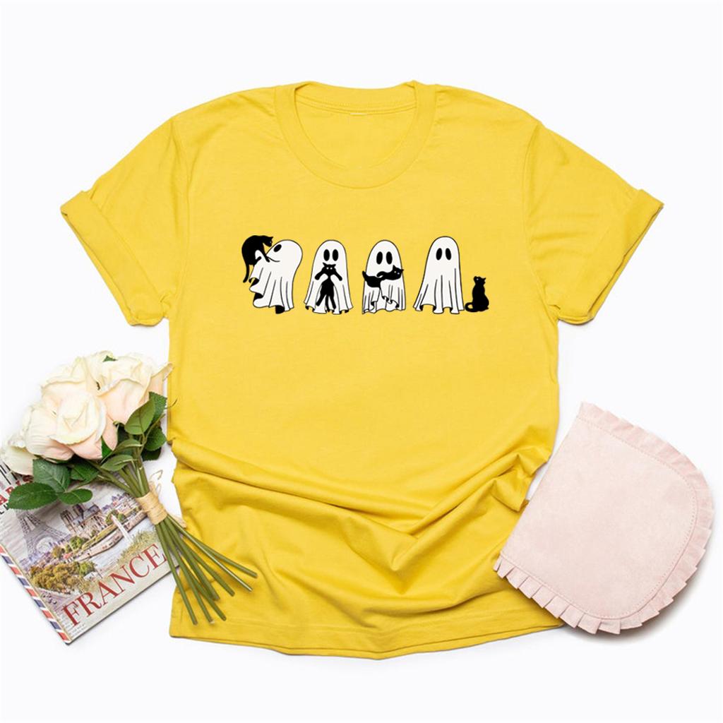 Halloween Black Cat and Ghost Tshirt Halloween Ghost Tshirt Spooky Season Cat Tee Cute Women Graphic T Shirts Halloween Gift