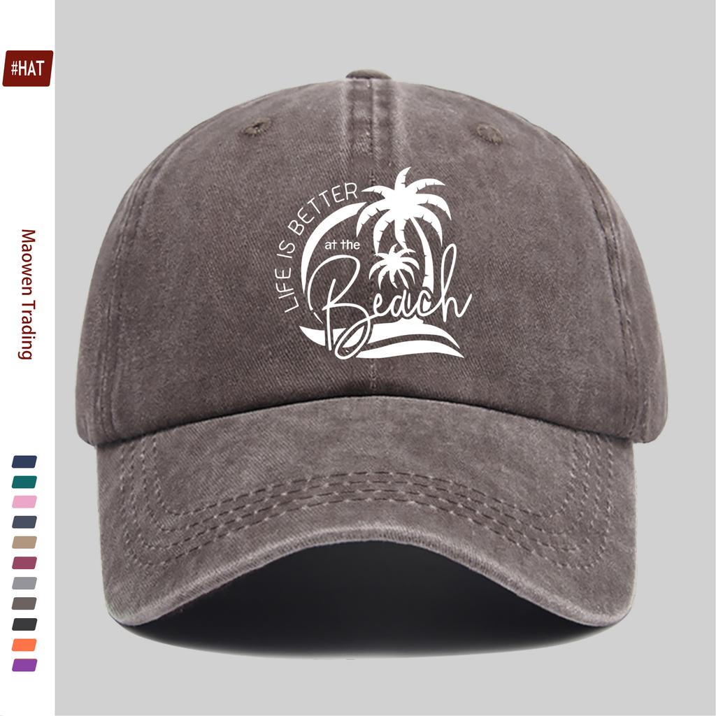 Pc Vintage Beach Vacation Print Baseball Cap Sweet Vacation Style Decorative Papa Hat Trucker Sun Hat Washed Buckle Strap Ad