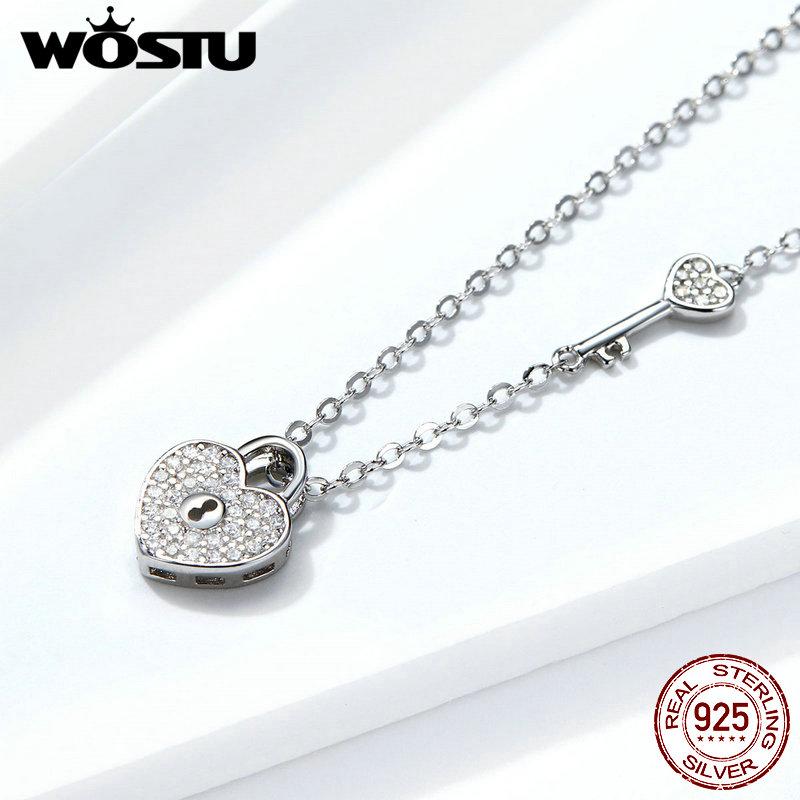 WOSTU 925 Sterling Silver Lock Heart Dangle Pendant Heart Highlights Necklaces Dazzling CZ Chain For Women 925 Jewelry CQN315