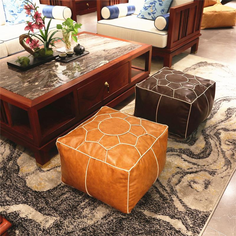 Embroider Craft Moroccan Cushion PU Leather Pouf Floor Seat Hassock Ottoman Footstool Large Unstuffed Tatami Cushion Futon