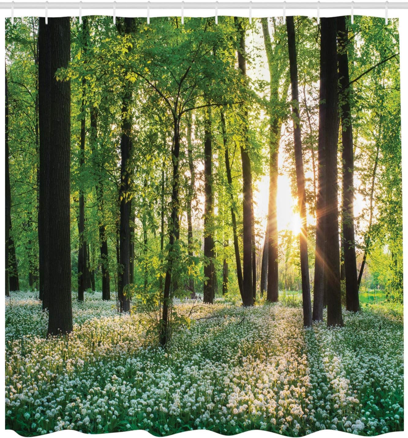 

Forest Shower Curtain, Sunny Forest With Wild Garlic Enchanting Wildflowers Blossoms Landscape Scenery, Cloth Fabric B W60H190(CM)-1 Pcs