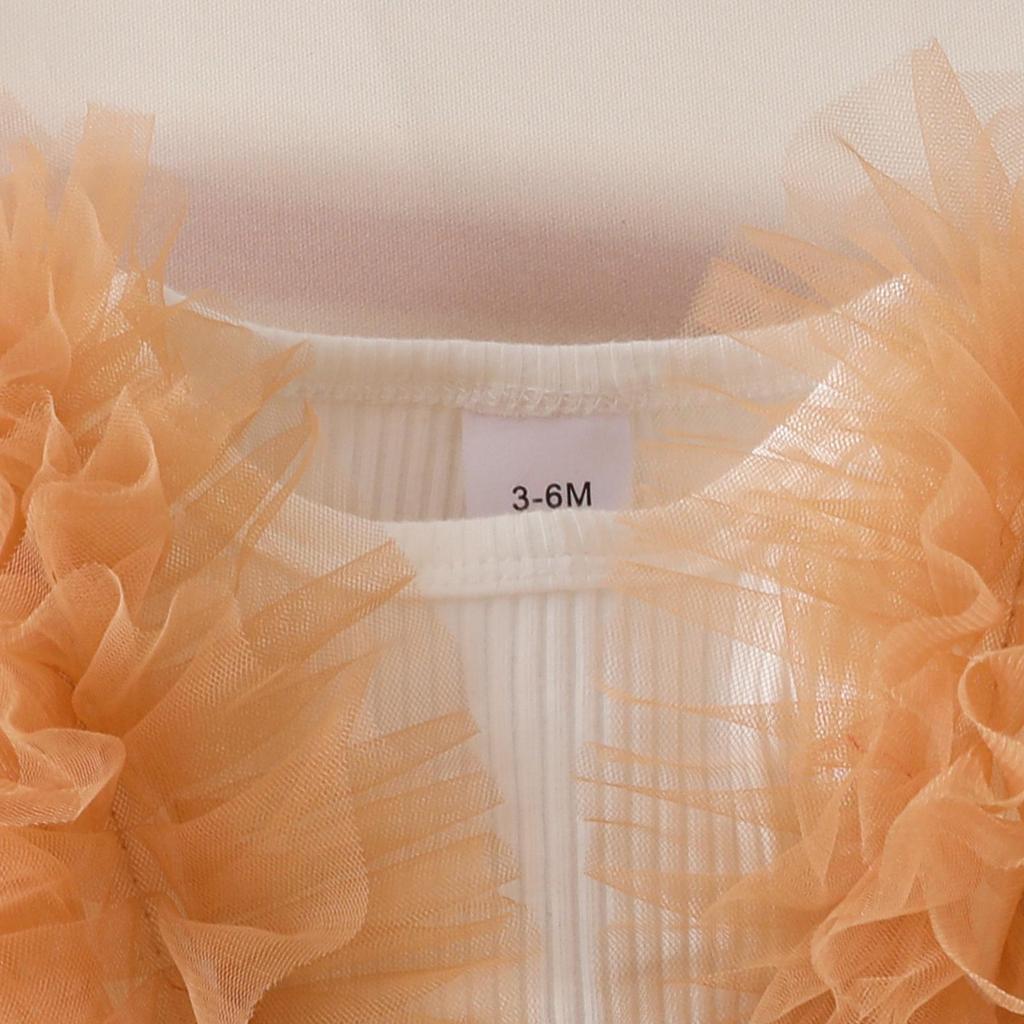 Baby Girl Long-Sleeve Ribbed Romper with Mesh Skirt Hem and Beaded Bow for Autumn and Winter