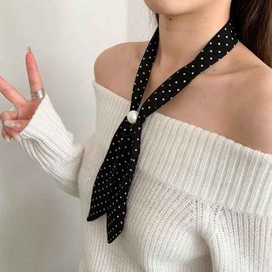 Women Scarf Imitation Pearl Buckle One-Piece Design Scarf Lightweight Chiffon Satin French Retro Black White Dot Neck Collar