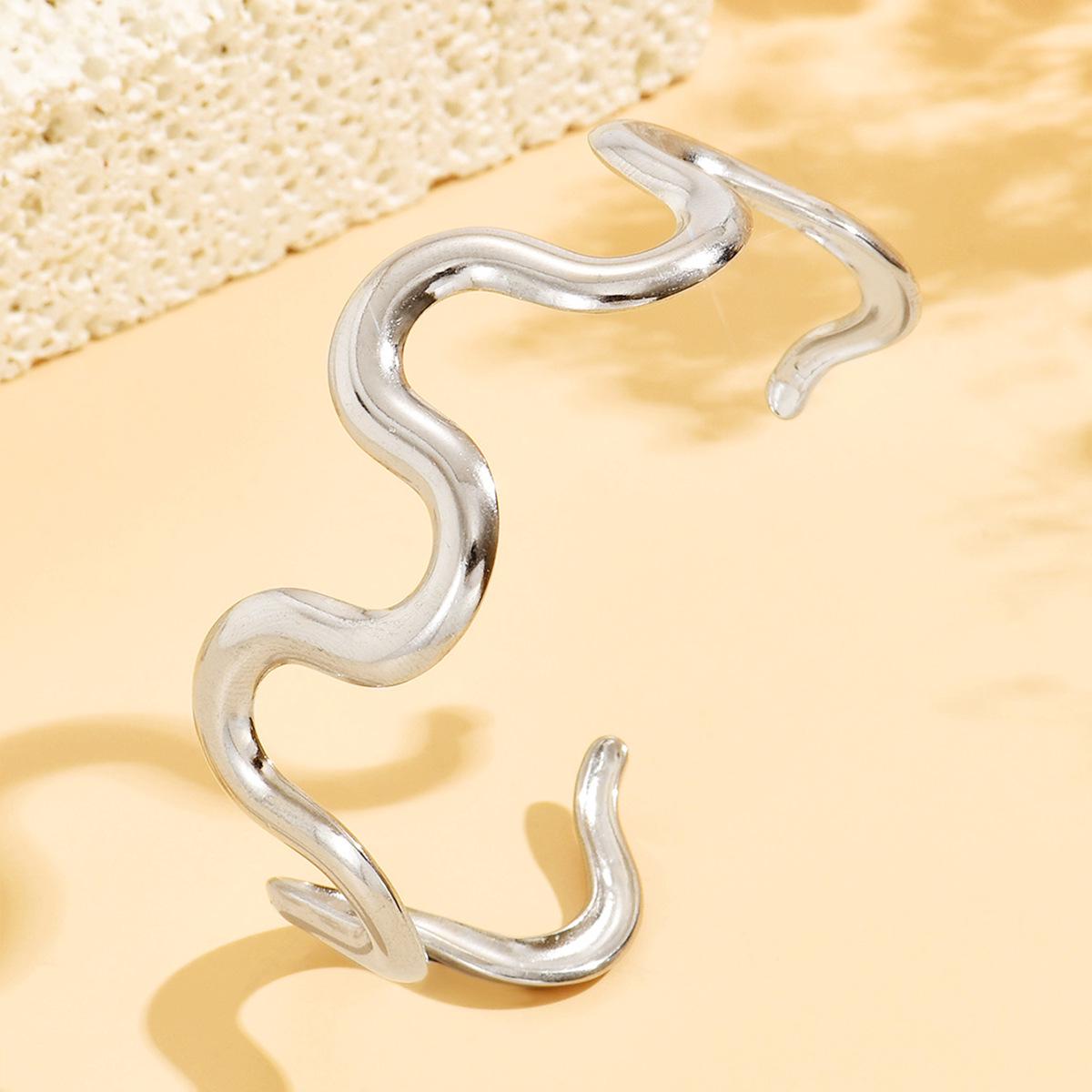 European & American INS Style Geometric Curve Stainless Steel C-Shaped Open Bangle Women s Jewelry.