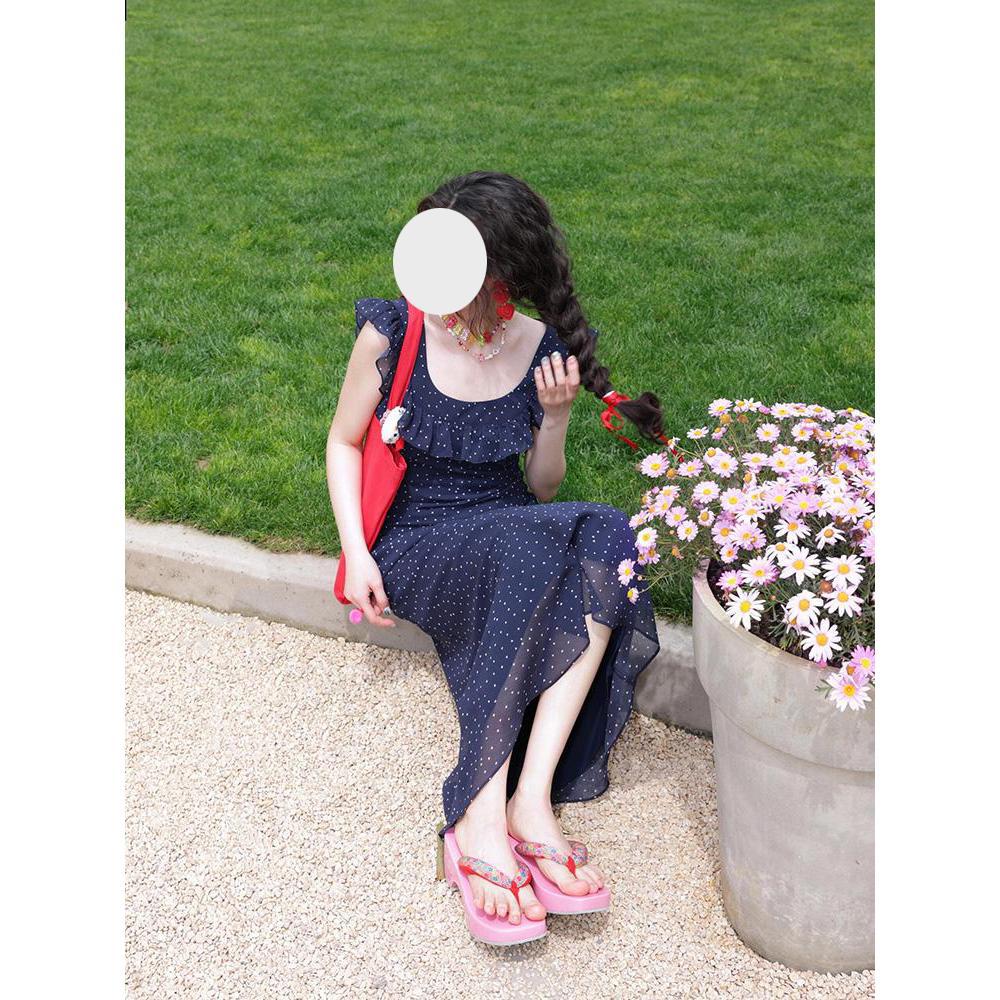 Xi Family Small Romantic Small Flying Sleeve Dress Women's Summer Waist Skinny Polka Dot Lotus Leaf Edge Long Skirt