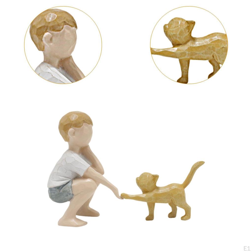 Ornament Boy and Cat Statue Collectible Gift Decoration Figurine for Indoor Fireplace Housewarming