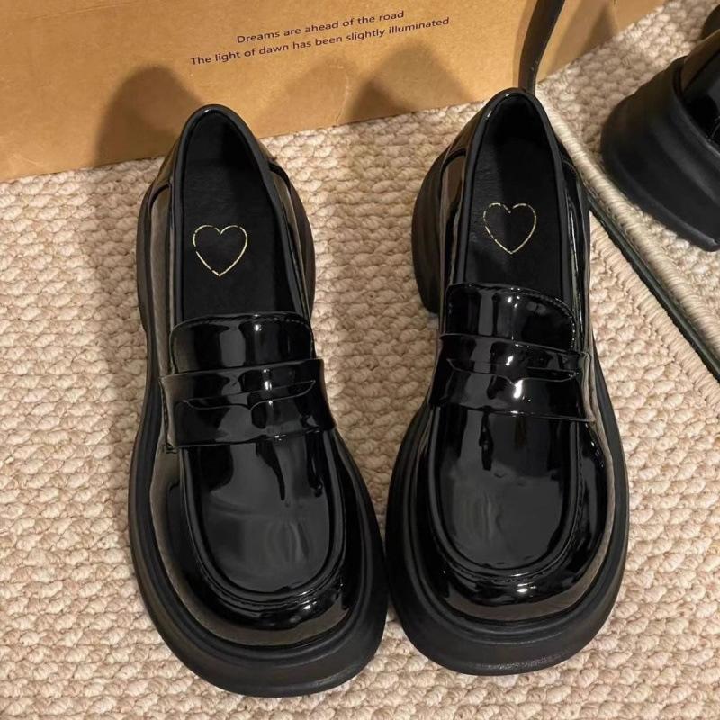 Single Shoe Women's Black College Style Small Leather Shoes Versatile British Loafers Uniform Shoes Round Toe Thick Sole