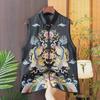 Women's Early Autumn Black Satin Vest: Tang Style Sleeveless Jacket with Retro Embroidery and Frog Closure
