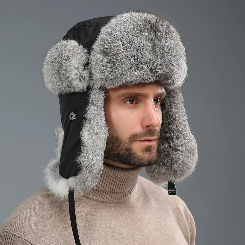 Rabbit Fur Lei Feng Hat for Men and Women In Winter Thickened Warm Ear Protection Cold Outdoor Northeast Leather Straw Hat Ski Hat Cotton