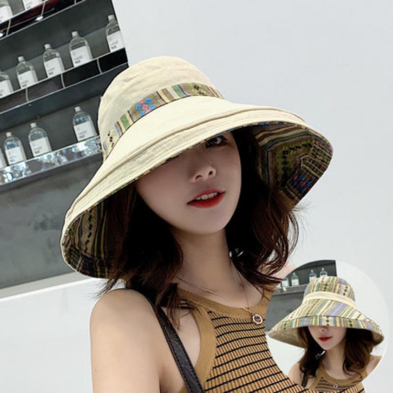 Women's Double-sided Sun Visor Bucket Hat Korean Style All-match Ethnic Style Travel Sun Protection Beach Hat