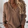 YYFS Damenmode, lässig, Herbst/Winter, einfarbig, bedruckt, langärmelig, V-Ausschnitt