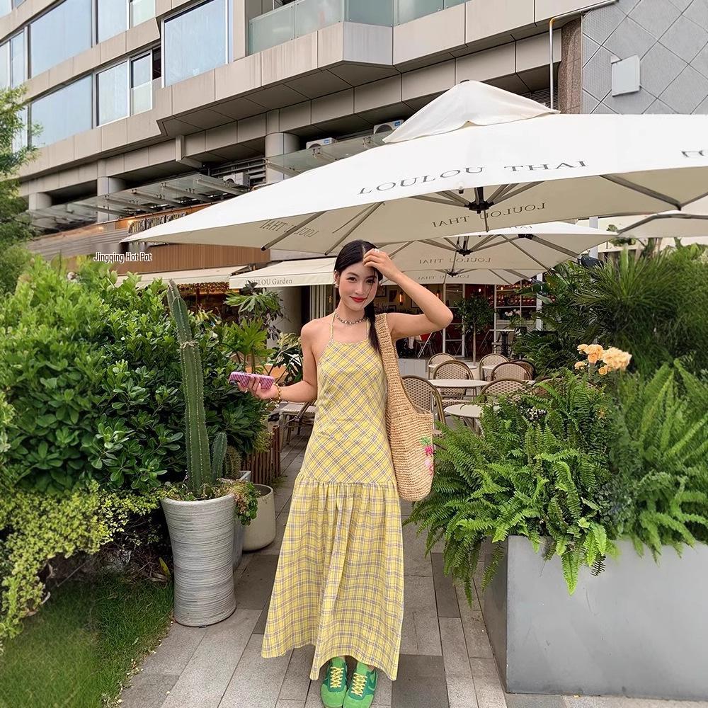 Damen Gelbes Karomuster Neckholder A-Linien Sommerkleid - Süß & Würzig, Dezenter Rückenausschnitt, Lange Länge