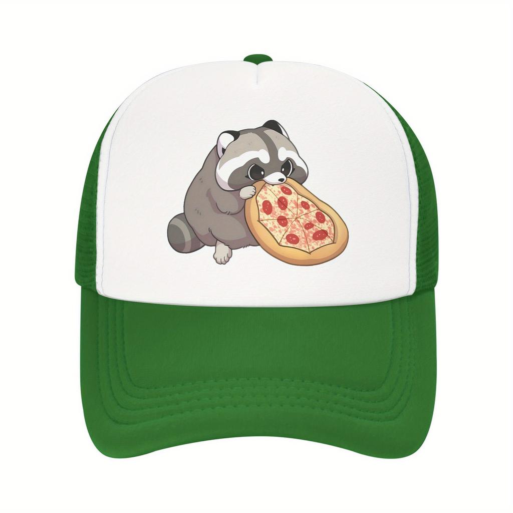 Cute Raccoon Eating Pizza Trucker Hat Breathable Mesh Adjustable Baseball Cap Casual Summer Travel