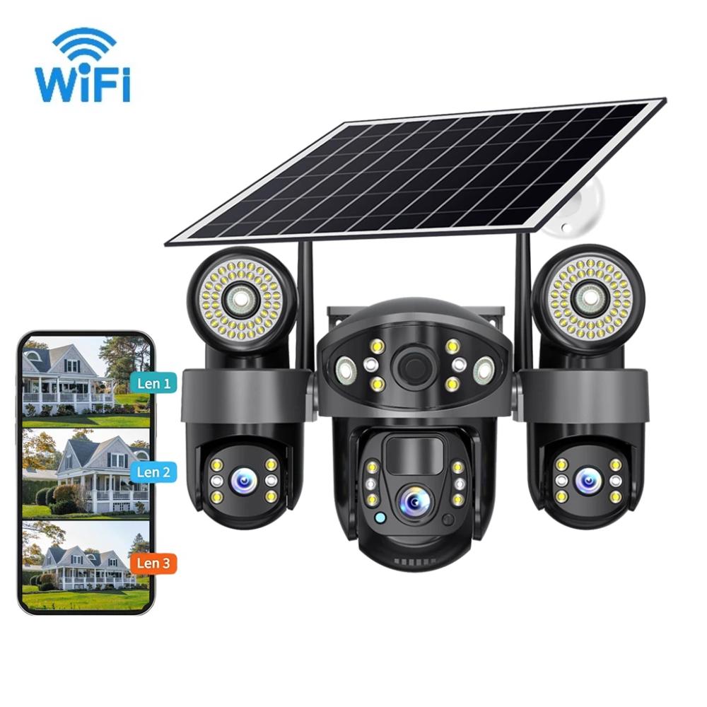 Kamera CCTV 2 w 1 zasilana energią słoneczną, potrójny obiektyw ze światłem LED do widzenia w nocy, bezprzewodowa kamera IP sieci WIFI/4G.