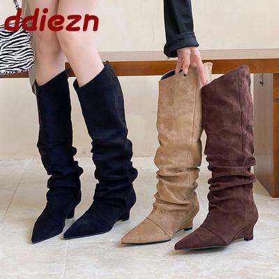Mode Moderne Damen Kniehohe Stiefel Damen Keilschuhe Mode Slip-On Damen Lange Chelsea Stiefel Mit Keilschuhen Winter Herbst
