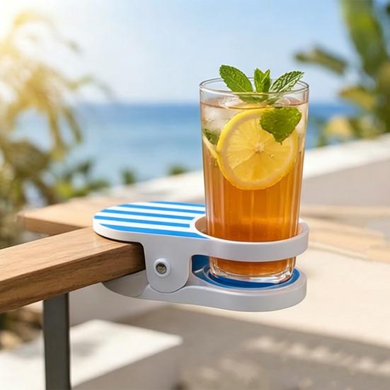 Clip-On Drink Holder for Chair, Portable Cup Holder for Beach Chair Patio Table, Striped Outdoor Clamp On Beverage Caddy for Pool Cruise