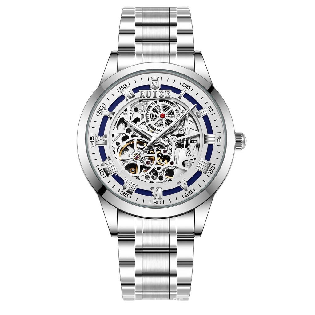 RUIGE Men's Double-Sided Skeleton Luminous Waterproof Mechanical Watch with Steel Band