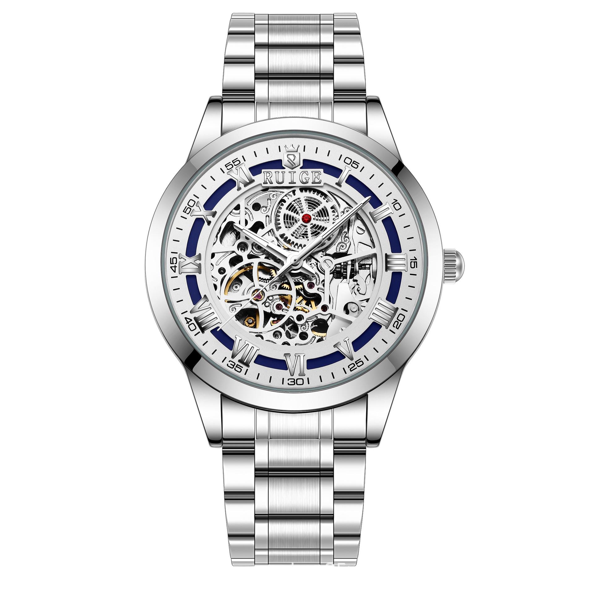RUIGE Men s Double-Sided Skeleton Luminous Waterproof Mechanical Watch with Steel Band