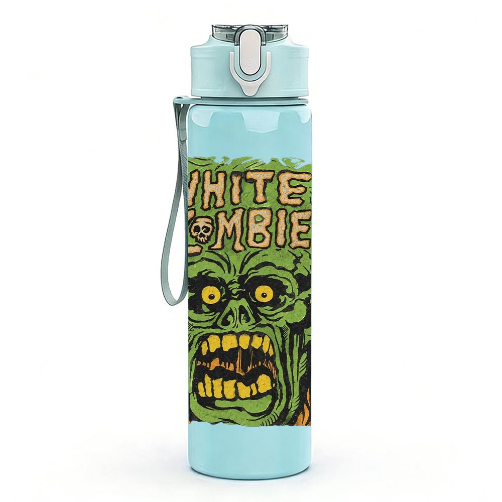 1PC Green zombie monster face print 750ml colorful plastic sports water bottle leakproof pop up lid with straw for outdoor work home use