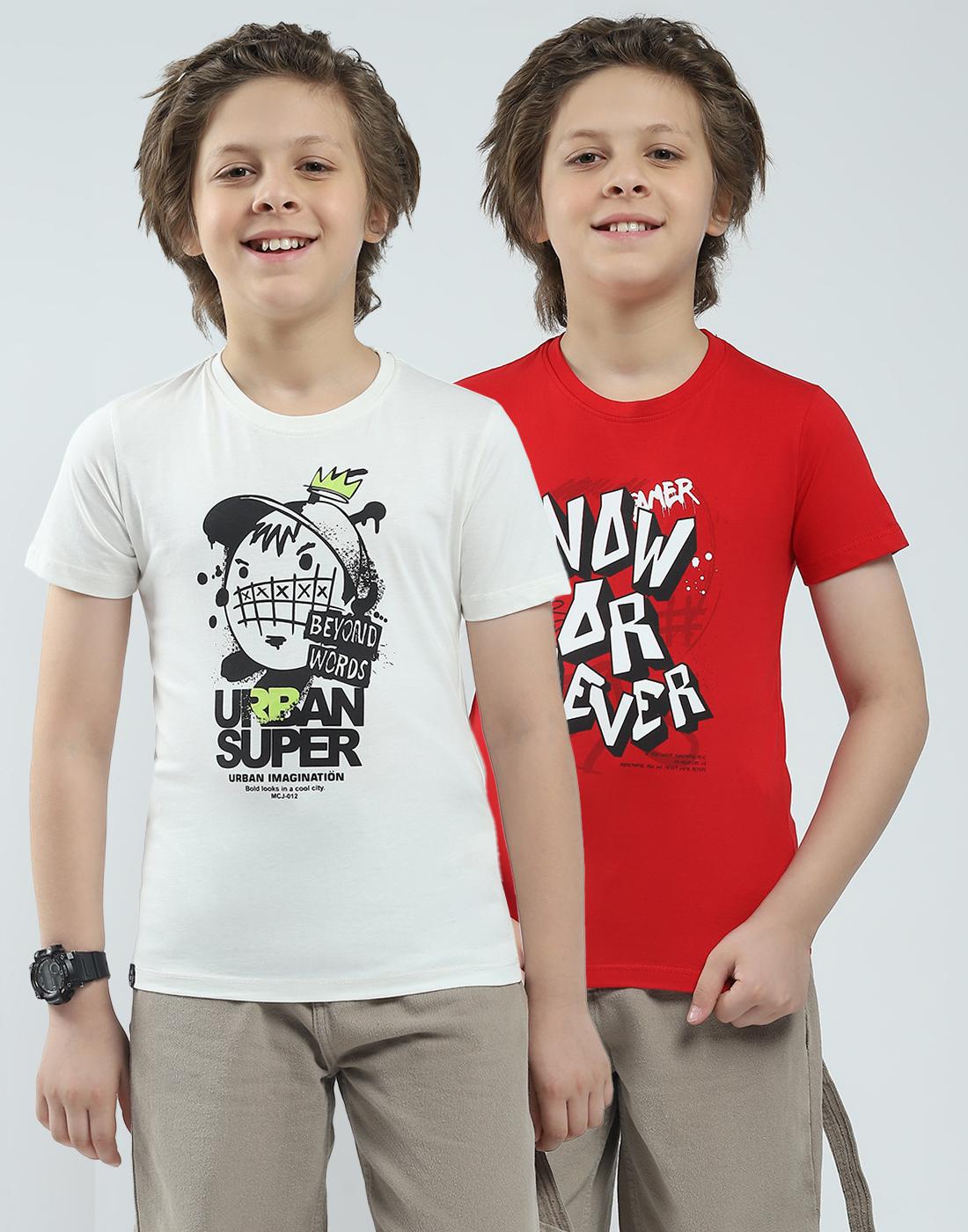 MONTE CARLO Jongens Regular Fit Bedrukt T-shirt &VerticalLine; Halve Mouw &VerticalLine; Ronde Hals &VerticalLine; Casual Wear T-shirt voor Jongens 4-5 YR rood/gebroken witte kleur