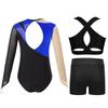 Girls Dance Performance Set Mesh Long Sleeve Leotard Keyhole Back Contrast Color Metallic Vest Shorts