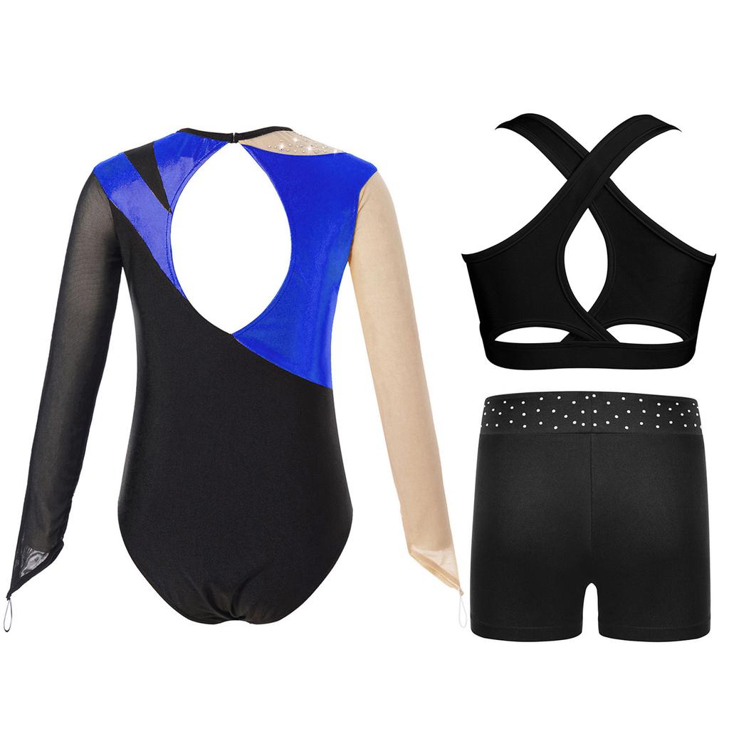 Girls Dance Performance Set Mesh Long Sleeve Leotard Keyhole Back Contrast Color Metallic Vest Shorts