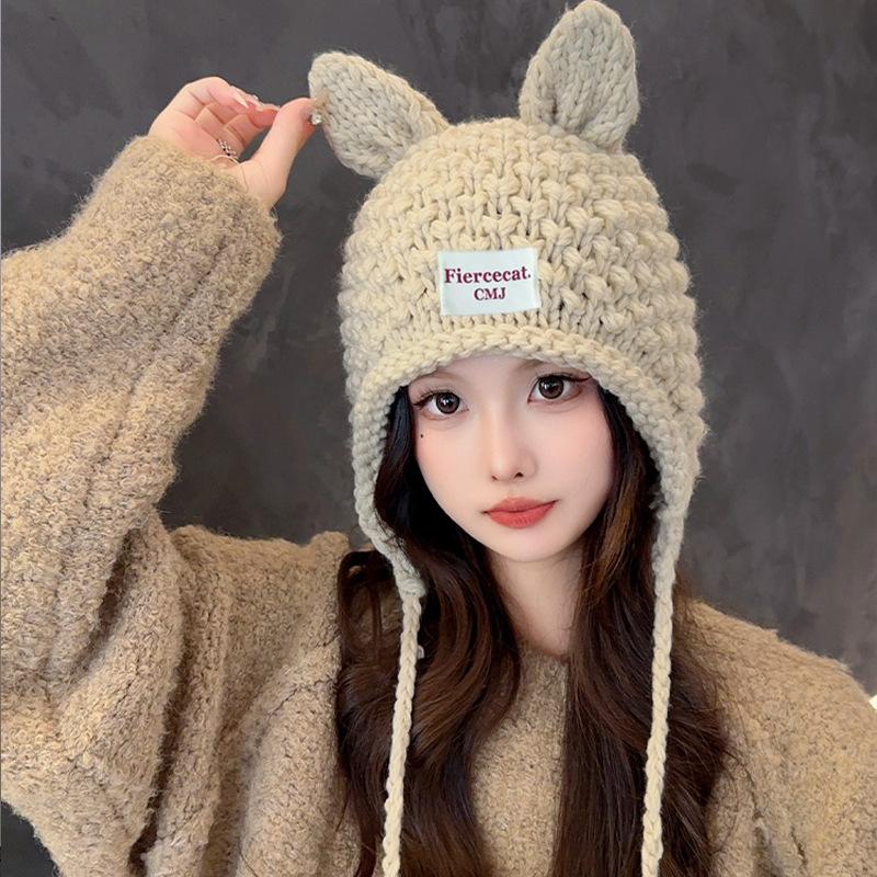 Cute Handmade Rabbit Ears Wool Hat Women's Autumn and Winter Knitted Hat Warm Ear Protector Hat Tide