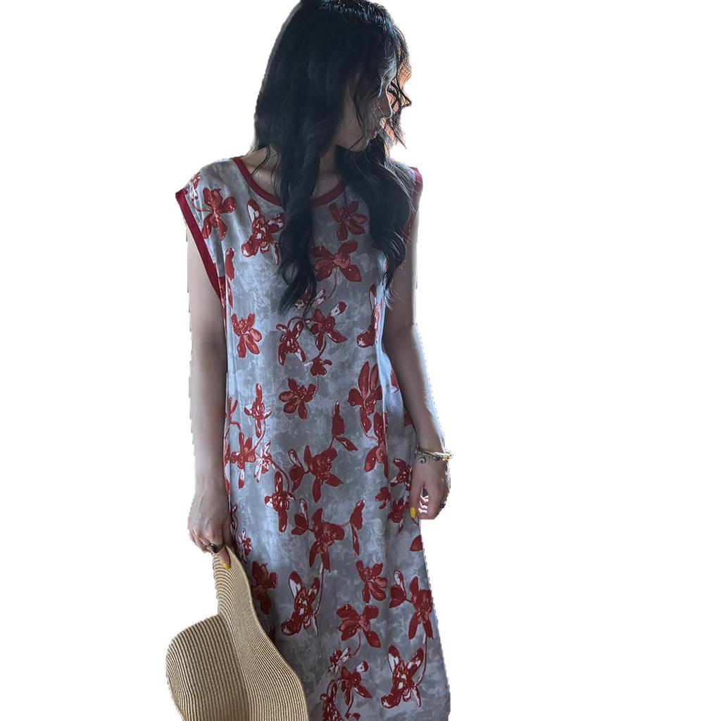 French retro printed nightdress women's summer cotton and silk loose loungewear high-end dress vacation dress can be worn outside