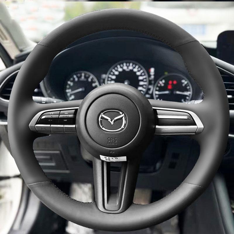 Hand Stitched Black Genuine Leather Non-slip Car Steering Wheel Cover For Mazda CX-30 CX30 - Mazda 3 Axela -